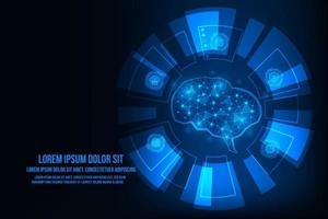 Vector artificial intelligence concept. Blue light glowing connection hologram brain.