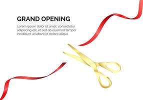 Golden scissors cut red silk ribbon. Grand opening ceremony. Start celebration. Vector realistic illustration isolated on white