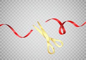 Golden scissors cut red silk ribbon. Start celebration. Grand opening ceremony. Vector realistic illustration isolated