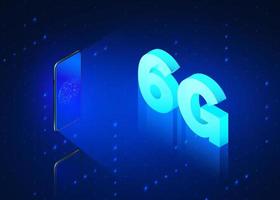 6g fast mobile networks. Mobile phone with global network on screen and hologram of wireless networks with text 6G isometric banner. Vector illustration