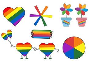 Collection of flat design elements for pride month celebration flowers in pots, hearts holding hands, balloons, star, circle vector