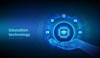 Education technology icon in wireframe hand. Edtech. Innovative online e-learning concept on virtual screen. Webinar, knowledge, online training courses. Skill development. Vector illustration.