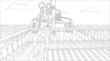 Pirate Girl Coloring Page with a Ship Background in the Sea. Vector Illustration