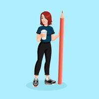 Flat student standing with pencil. Girl with huge pencil and coffee cup. Writer or content manager stands with pen. Copywriting and blogging concept. Cartoon character. Vector illustration