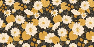 White lotus flowers seamless pattern. Cute golden water lily on black background. Floral japanese vector print. Hand drawn lotus, gold leaves. Floral asian wallpaper, fabric, textile, surface design.