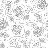 Single continuous line drawing floral pattern. Tropical leaves seamless pattern. Jungle leaves in one continuous line repeated background. Minimalist linear sketch. Vector illustration. Safari leaves.