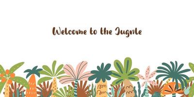 Cute palm tree seamless border. Tropical palm tree element for jungle party design. Summer tropic long repeat banner with cartoon plants, leaves, trees. Vector illustration for floral cards, posters.