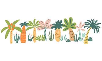 Cute palm tree set. Tropical palm tree hand drawn summer element. Hawaii style decorative border. Cartoon trees vector illustration. Exotic plants for holiday posters, cards, invitations jungle party.