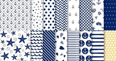 Set of marine and nautical backgrounds in navy blue and white colors. Sea theme. Elegant seamless patterns collection. Geomteric templates Striped blue patterns Vector illustration.