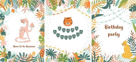 Jungle party set. Wild party invitation template. Wild birthday cards collection. Tropical birthday party invite. Jungle leaves border frame. Leopard, tiger, jaguar. Summer bright vector illustration.