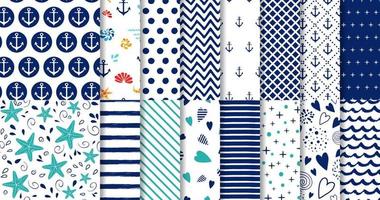 Set of marine and nautical backgrounds in navy blue and white colors. Sea theme. Elegant seamless patterns collection. Geomteric templates Striped blue patterns Vector illustration.