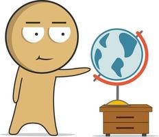 The boy points with his hand at the globe that stands on the chest of drawers vector