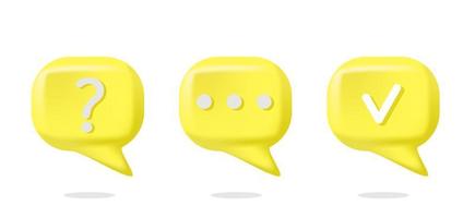 Vector 3d render speech bubble. Question and answer bubble in yellow colors. Support chat 3d banner. Information tag shape. Quiz answer label. Different signs on yellow speech bubbles