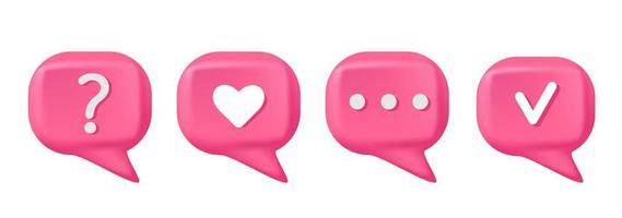 Vector 3d render speech bubble. Question and answer bubble in pink colors. Support chat 3d banner. Information tag shape. Quiz answer label. Different signs on pink speech bubbles