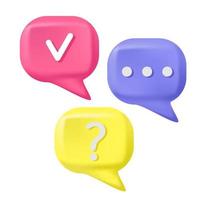 Vector 3d render speech bubble. Question and answer bubble in different colors. Support chat 3d banner. Information tag shape. Quiz answer label.