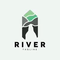 río logo, flámula vector, río banco, montañas y granja diseño, ilustración símbolo icono vector