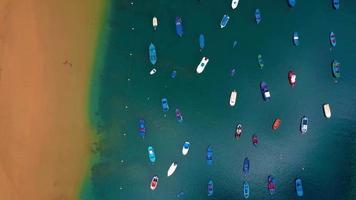 Aerial view of the golden sand of the beach Las Teresitas and colorful boats, Tenerife, Canaries, Spain video