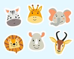 Stickers with African animals. Beautiful stickers with the faces of wild animals. Zebra, elephant, lion, giraffe, antelope and rhinoceros in flat cartoon style. Isolated background. vector