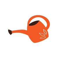 Orange plastic watering can insulated on white background. Modern gardening tool or agricultural tool used in gardening and plant growing. Flat cartoon colorful vector illustration.