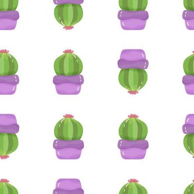 Seamless pattern with cartoon potted houseplant - cute green cactus with blossom and spikes in a purple pot on white background.