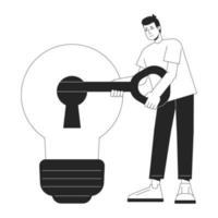 Unlock good idea for startup bw concept vector spot illustration. Entrepreneur 2D cartoon flat line monochromatic character for web UI design. Editable hero image for landing page, mobile header