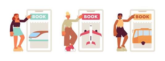 Book ticket online app flat concept vector spot illustration set. Editable 2D cartoon characters on white for web UI design. Passenger with phone creative hero image pack