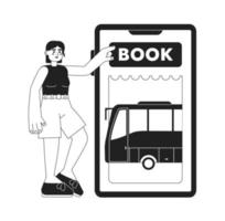 Buying bus ticket online over phone monochrome concept vector spot illustration. Editable 2D flat bw cartoon character for web UI design. Reservation hand drawn hero image