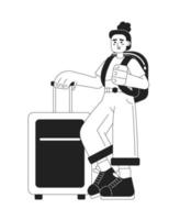 Female traveller with suitcase and backpack monochromatic flat vector character. Editable thin line full body person on white. Simple bw cartoon spot image for web graphic design, animation