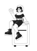 Woman with suitcase going on summer vacation monochromatic flat vector character. Editable thin line full body person on white. Simple bw cartoon spot image for web graphic design, animation