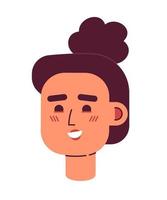 contento mujer con alto sucio Rizado bollo semi plano vector personaje cabeza. editable dibujos animados estilo cara emoción. sencillo vistoso avatar icono. Mancha ilustración para web gráfico diseño y animación