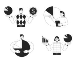 Lean startup strategy bw concept vector spot illustrations pack. Startupers 2D cartoon flat line monochromatic characters for web UI design. Editable hero images set for landing page, mobile header