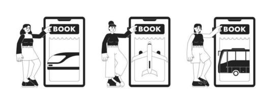 Book ticket online app monochrome concept vector spot illustration set. Editable 2D flat bw cartoon characters for web UI design. Passengers hand drawn hero image pack