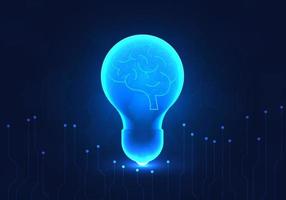 Light bulb has a brain inside. Refers to the brain of the artificial intelligence system that helps humans come up with new job ideas to offer customers and also helps solve business problems. vector