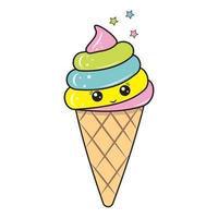 Ice cream dessert kawaii in a waffle cup, color vector illustration in cartoon style