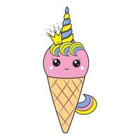 unicornio hielo crema kawaii postre en un gofre taza, color vector ilustración en dibujos animados estilo