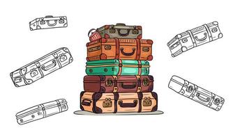 Classic retro travel suitcases lie on top of each other and individually. Cartoon style. Line. vector