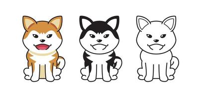 Vector cartoon set of akita inu dog