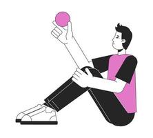 pensativo hombre sentado con pelota en mano plano línea color vector personaje. editable sencillo contorno lleno cuerpo persona en blanco. idea genial dibujos animados Mancha ilustración para web gráfico diseño y animación