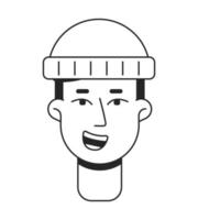 Thrilled man with wool beanie flat line monochromatic vector character head. Simple outline avatar icon. Editable cartoon user portrait. Lineart spot illustration for web graphic design and animation