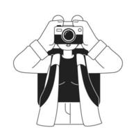 Female tourist capturing vacation memories on camera monochromatic flat vector character. Editable thin line half body person on white. Simple bw cartoon spot image for web graphic design, animation