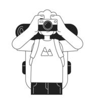 Male tourist taking pictures with instant camera monochromatic flat vector character. Editable thin line half body person on white. Simple bw cartoon spot image for web graphic design, animation