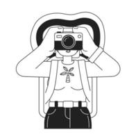 Female traveler capturing holiday memories on camera monochromatic flat vector character. Editable thin line half body person on white. Simple bw cartoon spot image for web graphic design, animation