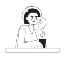 Traveler sitting with hand on cheek and drinking tea monochromatic flat vector character. Editable thin line half body person on white. Simple bw cartoon spot image for web graphic design, animation