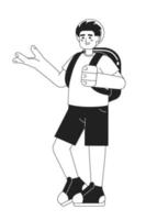 Male tourist traveling with backpack monochromatic flat vector character. Graduation trip. Editable thin line full body person on white. Simple bw cartoon spot image for web graphic design, animation