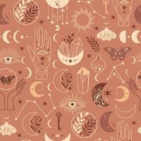 Seamless pattern Mystical moon phases and woman hands and moth, alchemy esoteric magic space, vector isolated on beige pink background