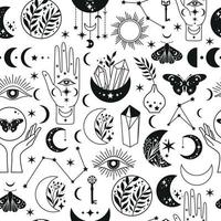 Seamless pattern Mystical moon phases and woman hands and moth, alchemy esoteric magic space, vector isolated on white background