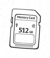 Outline of compact memory card. Vector illustration. Flash drive. Modern storage of digital information. Hand drawn black ink sketch, isolated on white background. Print for packaging, showcases