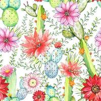 Seamless pattern with watercolor cacti and flowers. vector