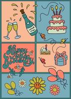 Nostalgic Happy birthday graphic vector concept. Hand drawn elements for birthday party in flat retro style. Ideal for social media, graphic poster, postcard, background, print, fabric pattern, cover