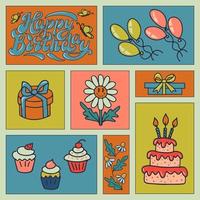 Retro Happy birthday hand drawn vector concept. Elements for birthday party in flatnostalgic style. Perfect for social media, graphic poster, postcard, background, print, fabric pattern, cover